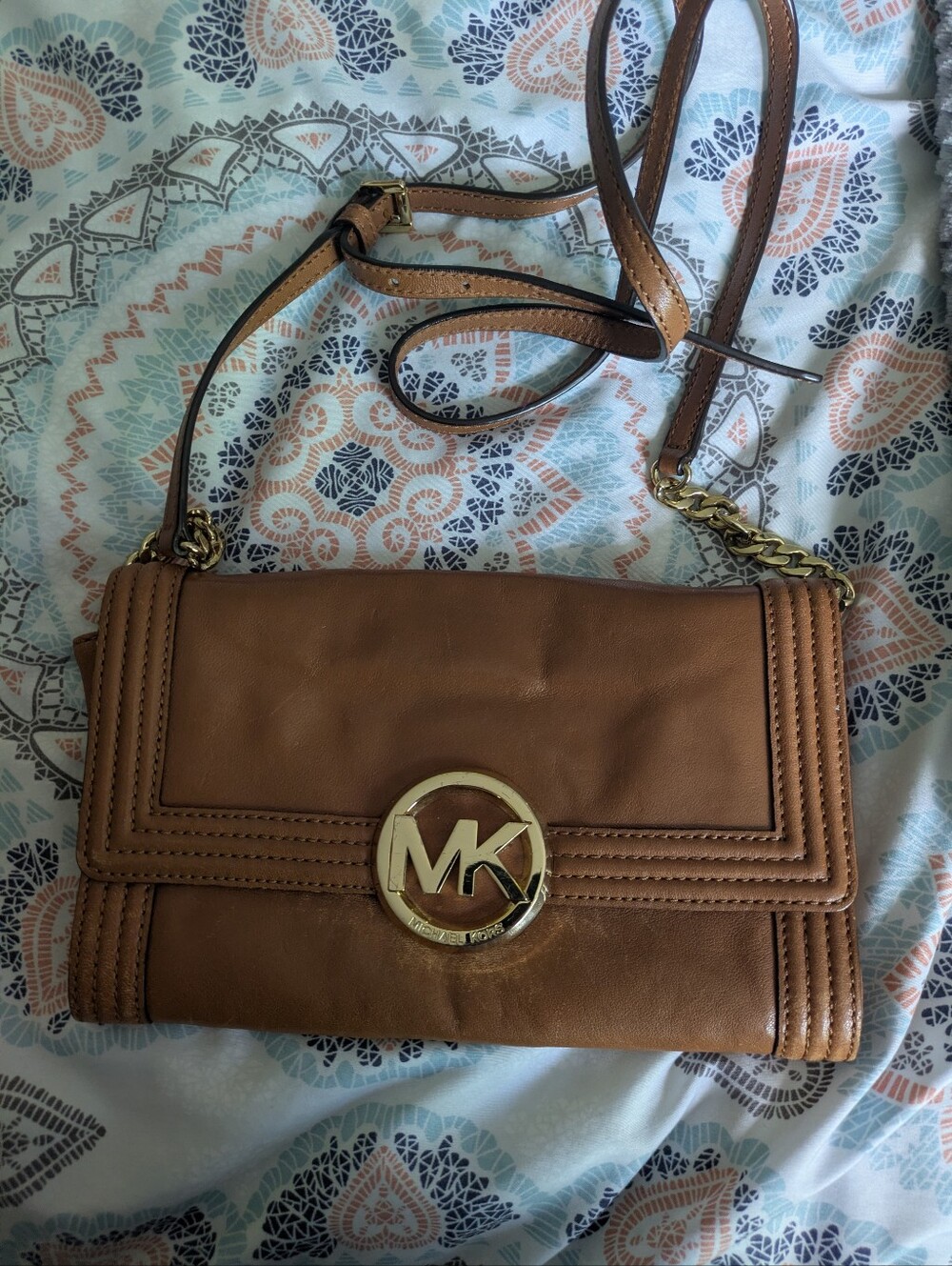 Michael Kors Tan Leather Crossbody Bag with Gold Logo
